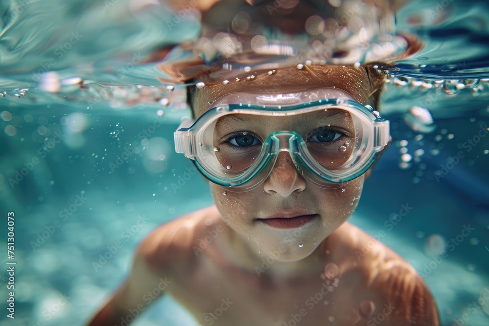 Naklejka premium Cute kid swims and dives underwater in the pool. Active healthy lifestyle, water sports and swimming lessons on summer holidays