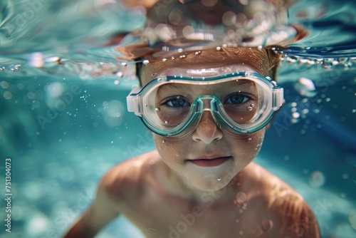 Cute kid swims and dives underwater in the pool. Active healthy lifestyle, water sports and swimming lessons on summer holidays