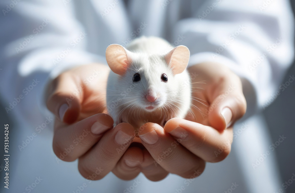 Experimental mouse in hands of medical worker in white coat. Scientist with gloves holding a laboratory mouse. Research on laboratory animals, testing of drugs, vaccines Experimental mouse in hands of medical worker in white coat. Scientist with gloves holding a laboratory mouse. Research on laboratory animals, testing of drugs, vaccines