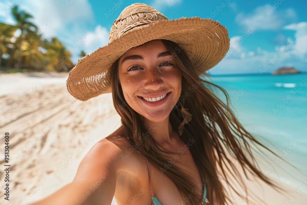 A young woman wearing a straw hat taking a selfie on a tropical beach