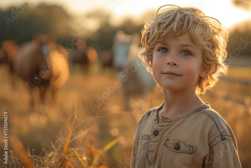 A cheerful 7-year-old boy wearing, standing with his back to us near a low fence, Behind the fence, horsess roam under the soft daylight photo