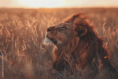 The king of the grassland, a male lion, lay peacefully in the middle of the grassland in the evening. Ai generate.