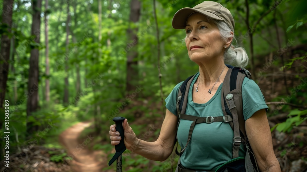  Active elderly woman walks through nature with hiking sticks