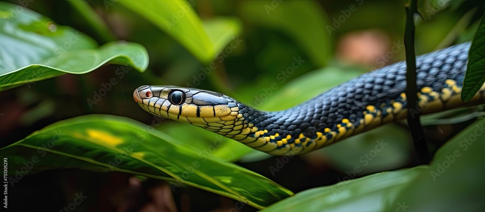 A blue and yellow Malagasy Leaf Nosed Snake coils on top of a vibrant green leaf in a lush tropical forest setting. A blue and yellow Malagasy Leaf Nosed Snake coils on top of a vibrant green leaf in a lush tropical forest setting.