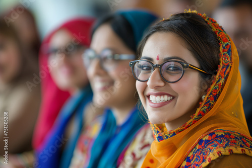 Young beautiful indian hindi ladies covering their head using showl and looking at camera, hindu girls banner concept, Fashionable head covered woman advertising concept, woman wearing showl photo