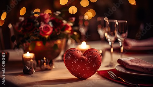 A table is elegantly set with a heart-shaped plate at the center, surrounded by wine glasses ready for a romantic evening. The dimly lit room sets the perfect ambiance for a special dinner