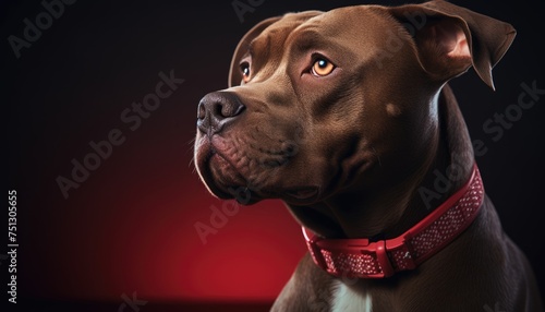 A detailed view of a dog wearing a bright red collar with a heart-shaped accessory. The furry pet is the focus of the close-up shot, showcasing the vibrant color of the collar against its fur
