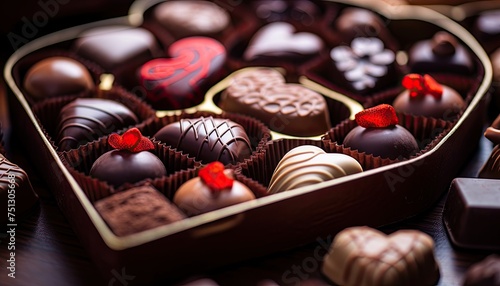 A close-up view of assorted heart-shaped chocolates neatly arranged in a decorative box on a wooden table © Anna