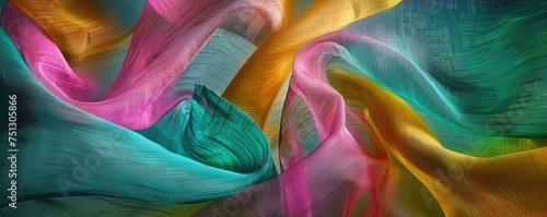 Textured pink, yellow and cyan satin fabric fiber abstract background