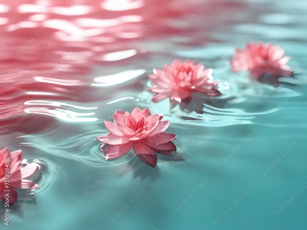 Pink flower floats on water with reflections, surrounded by nature's beauty: blossoming petals of pink Pink flower floats on water with reflections, surrounded by nature's beauty: blossoming petals of pink