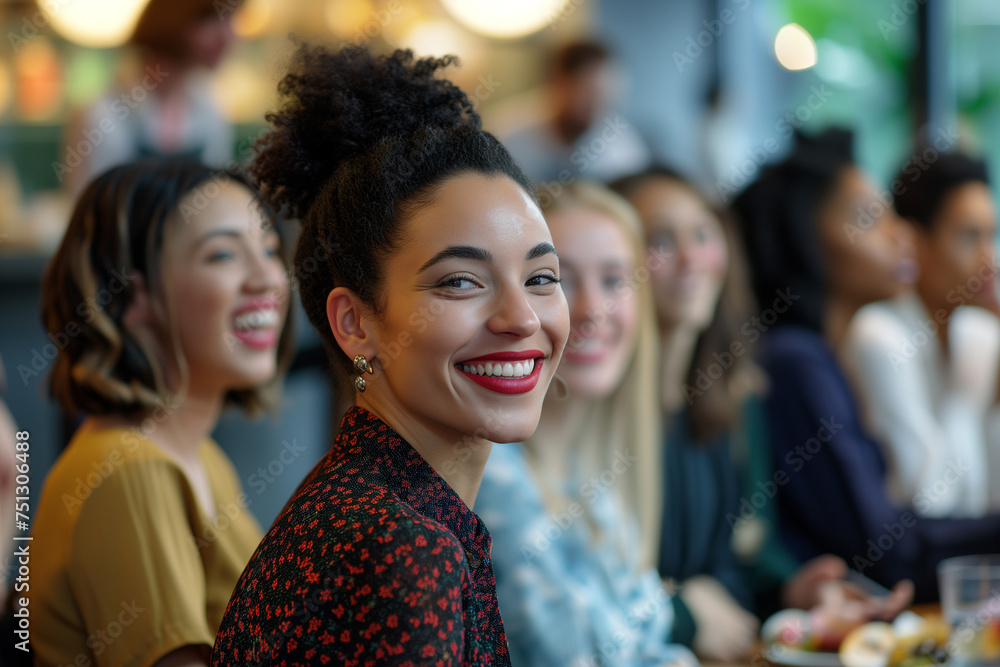 Elegant looking businesswoman smiling to the camera, selective focus on executive manager, sales girl with black curly hair in a stylish outfit is sitting at a dining table with colleagues Elegant looking businesswoman smiling to the camera, selective focus on executive manager, sales girl with black curly hair in a stylish outfit is sitting at a dining table with colleagues