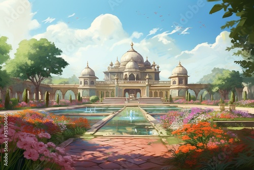 Mughal garden with flowers, plants, tree, palace illustration generative ai
