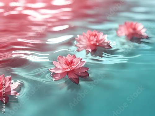 Pink flower floats on water with reflections, surrounded by nature's beauty: blossoming petals of pink