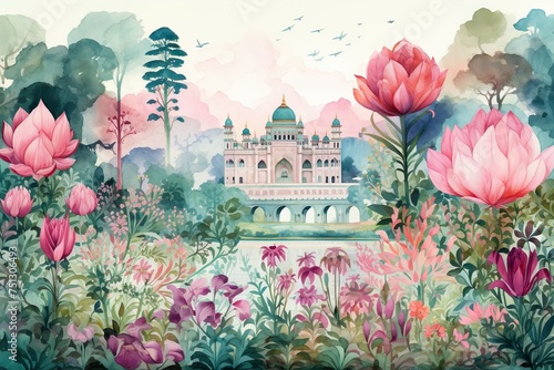 Mughal garden with flowers, plants, tree, palace illustration generative ai photo