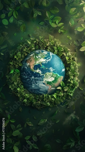 An Earth globe encircled by a ring of green leaves, symbolizing nature's embrace, perfect for Earth Day campaigns and environmental conservation content.