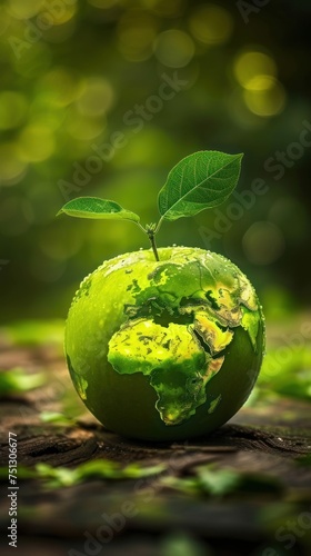 An Earth globe at the heart of a green apple, merging concepts of nutrition and planetary health, suitable for educational programs and Earth Day promotional activities on sustainable living.