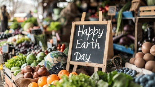 An Earth globe at a farmers' market surrounded by fresh produce, ideal for illustrating Earth Day themes and the importance of local, sustainable agriculture © Ярослава Малашкевич