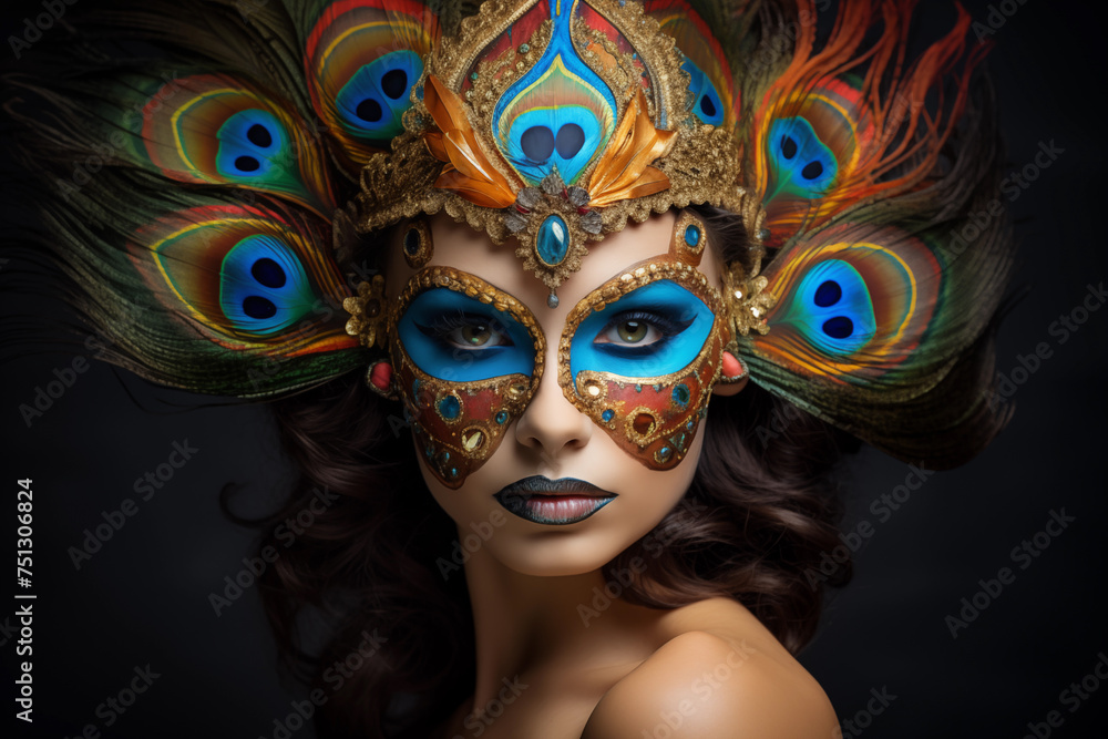 Portrait of a woman adorned with an elaborate peacock feather mask, exuding mystery and elegance