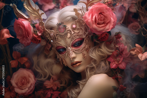 Mysterious woman adorned with an ornate mask surrounded by roses