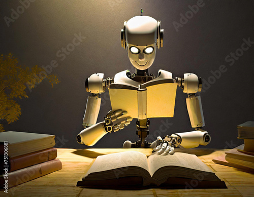 Ein Roboter liest in einem Buch, neben ihm ein Stapel Bücher