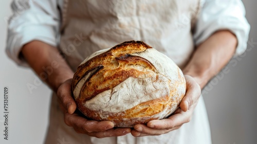 baker in a beige apron holds fresh bread, bakery