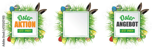 Osterangebote Etiketten mit Gras, Ostereiern und Hasenohren