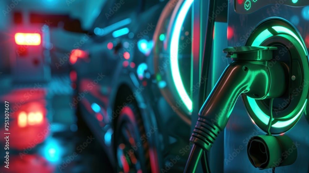 EV charging station for electric cars in green energy and eco-energy concept. Neon lights. EV charging station for electric cars in green energy and eco-energy concept. Neon lights.