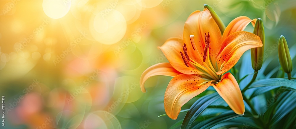 An orange lily flower is showcased up close in focus, with its vibrant petals and intricate details visible. The background is blurred, creating a soft and dreamy effect. An orange lily flower is showcased up close in focus, with its vibrant petals and intricate details visible. The background is blurred, creating a soft and dreamy effect.