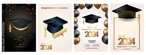 Congratulations on your graduation from school. Class of 2024. Graduation cap, confetti and balloons. Congratulatory banner. Academy of Education School of Learning