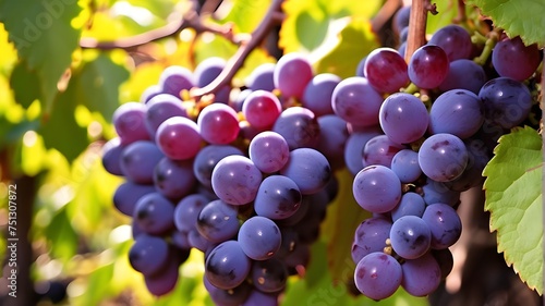 A lush vineyard of deep purple grapes, glistening in the warm sun and ready to be plucked and turned into a fine wine.