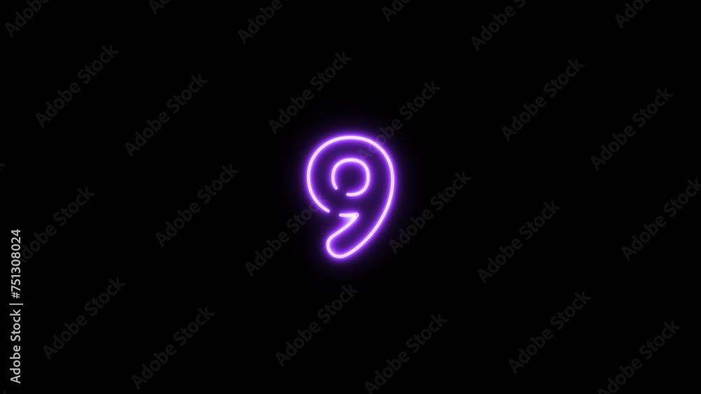 Number nine, 9 letter neon motion graphic with alpha channel. Purple neon light letters turn on and turn off isolated character animated on transparent background. Number nine, 9 letter neon motion graphic with alpha channel. Purple neon light letters turn on and turn off isolated character animated on transparent background.