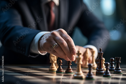 Hand of businessman moving chess figure in competition.