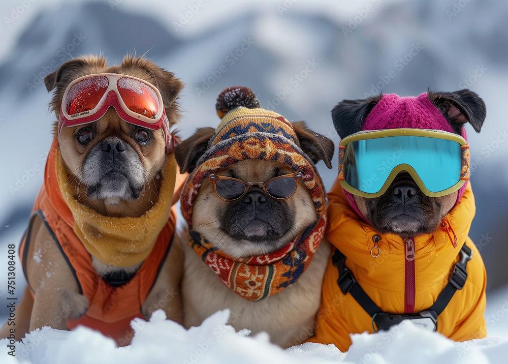 Paws and snowflakes! Three adorable pugs, decked out in winter gear, sit gracefully in the snowy wonderland. This trio is a festive feast for the eyes, blending canine cuteness with chilly charm. 