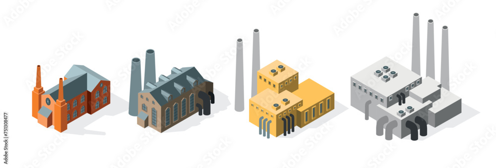 Isometric Industrial plant old factory collection of set of isometric manufactures and factories buildings vector illustration 