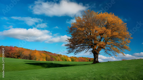 Beautiful bright colorful summer spring landscape with lonely tree on field, fresh green grass on meadow and blue sky with clouds. Created with generative Ai