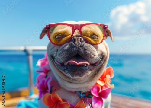 Beachy bliss! A pug, donned in shades and a floral necklace, embodies vacation fun at the seaside. This playful pup brings smiles and sunshine, making every moment a holiday delight! 