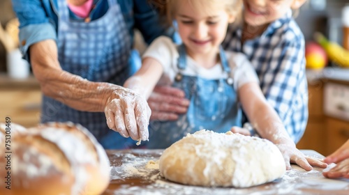 Grandparents, parents, and children gather around food table. The grandmother teaches her granddaughter how to knead dough for homemade bread. A dining table is set for a family meal