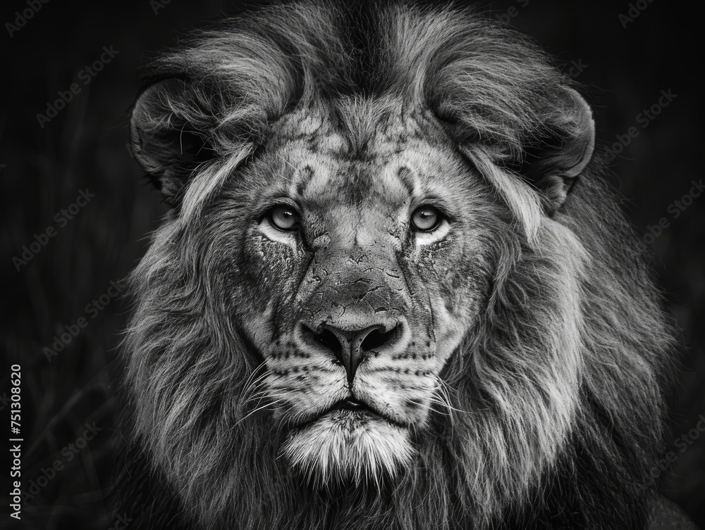 Majestic Lion Portrait in Black and White, Capturing the Essence of Wild Beauty and Strength