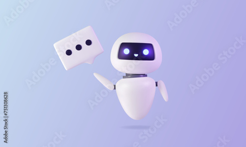 3D robot with speech bubble. Friendly artificial intelligence character. Neural network chat bot, AI servers technology. Online communication, virtual support assistance. Vector illustration © Marina
