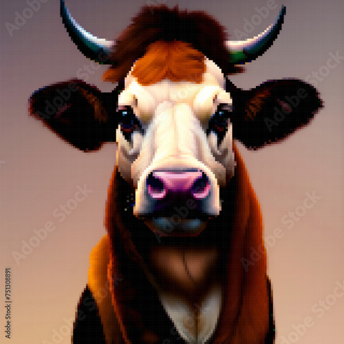 Portrait of a Anthropomorphic Cow with horns, Vector pixelated illustration. Pixel design.