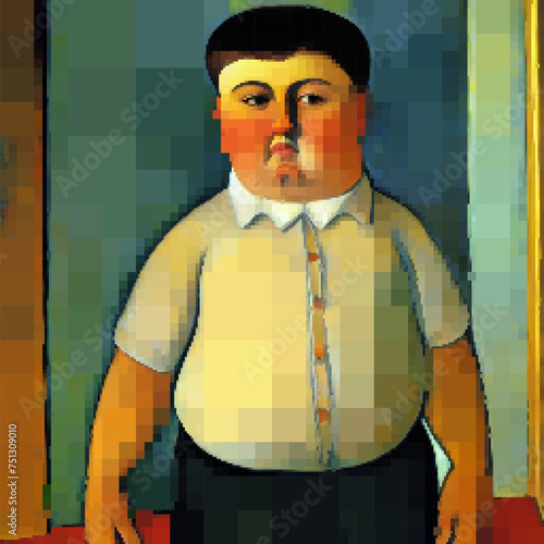 Obesity man in a white shirt, naive art. Vector pixelated illustration. Rectangular design.