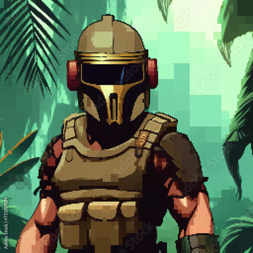 Person in a helmet, Vector pixelated illustration. Rectangular design.