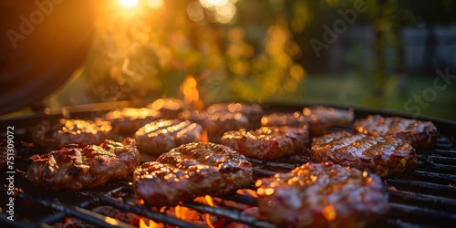 Summer barbecue: Flames dance as meat sizzles on the grill, creating delicious, smoky flavors outdoors.
