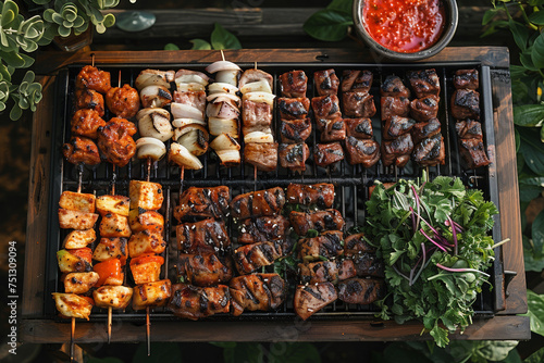 A mouthwatering spread of grilled meats, including shashlik, steak, and chicken, tantalizes over hot coals.