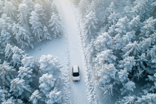 A stunning aerial view of a snow-covered road winding through a winter forest landscape.