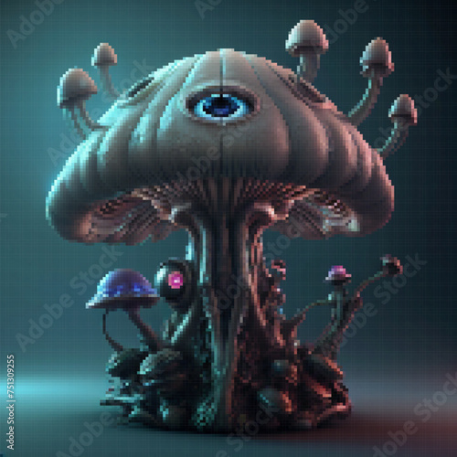 Fantastic mushroom creature. Vector pixelated illustration.