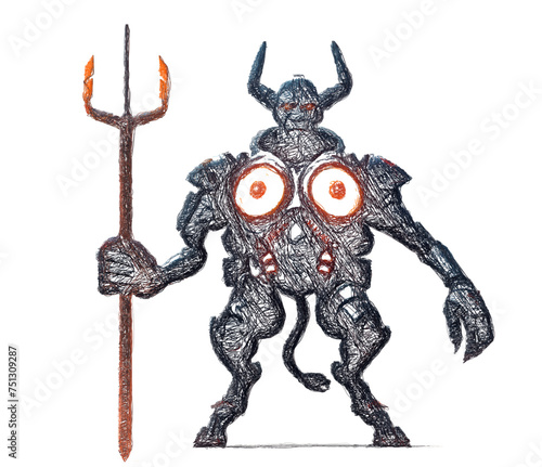 Demonic cyborg with horns holding a trident. Doodle sketch. Linear Vector illustration.