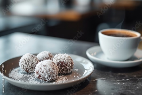 Chokladbollar sprinkled with coconut lie on a light plate, dark table, a cup of coffee, from behind is a blurred cafe interior. Traditional Swedish dessert. Concept health snacking, vegan desserts photo