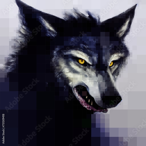 Portrait of a wolf. Vector pixelated illustration. Rectangular design.