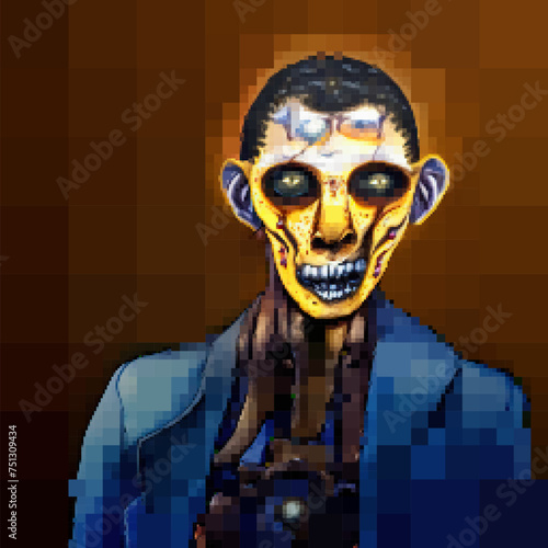 Portrait of a zombie, close up. Vector pixelated illustration. Rectangular design.